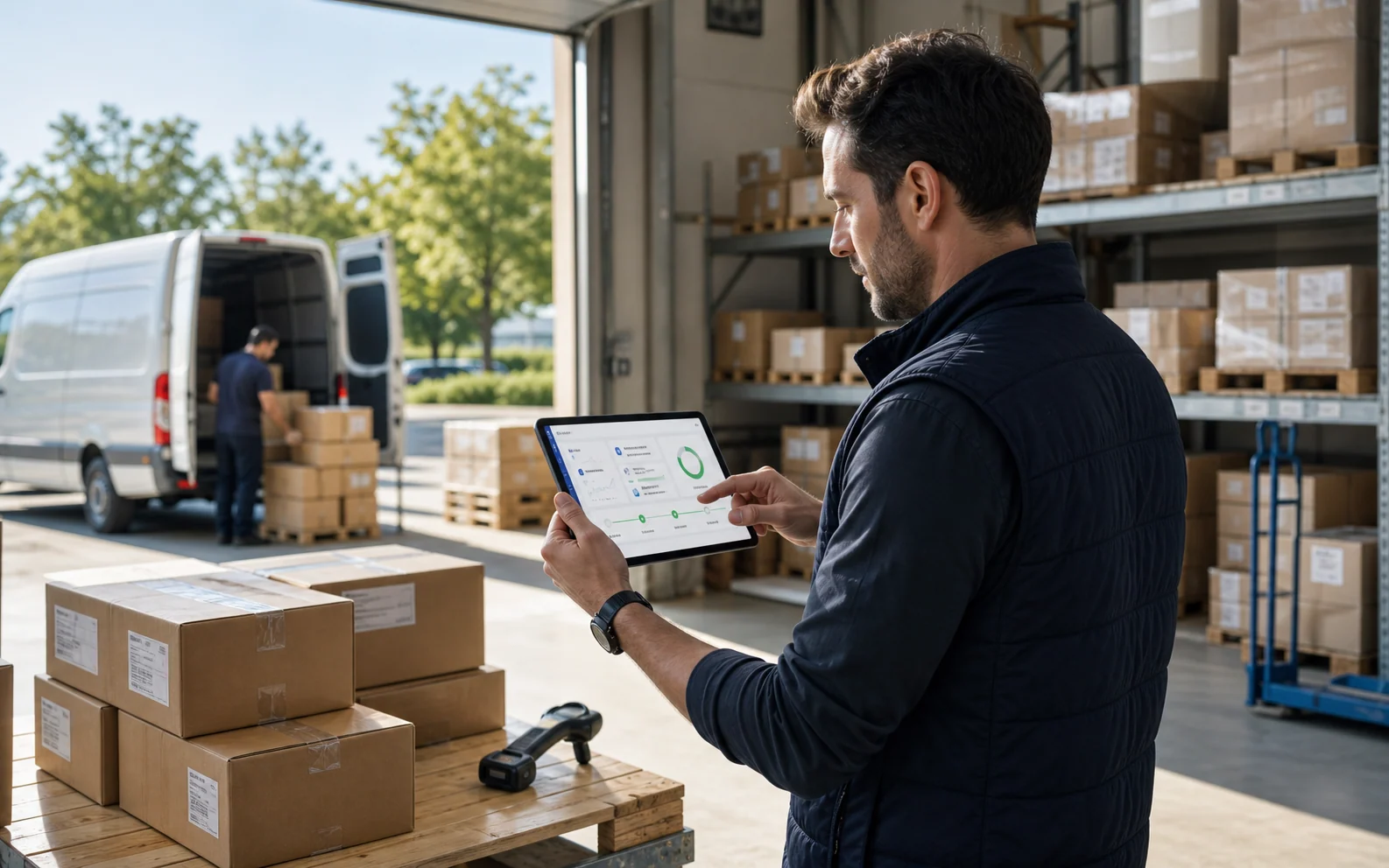 Merchant operator reviewing settlement readiness on a tablet at a warehouse loading dock
